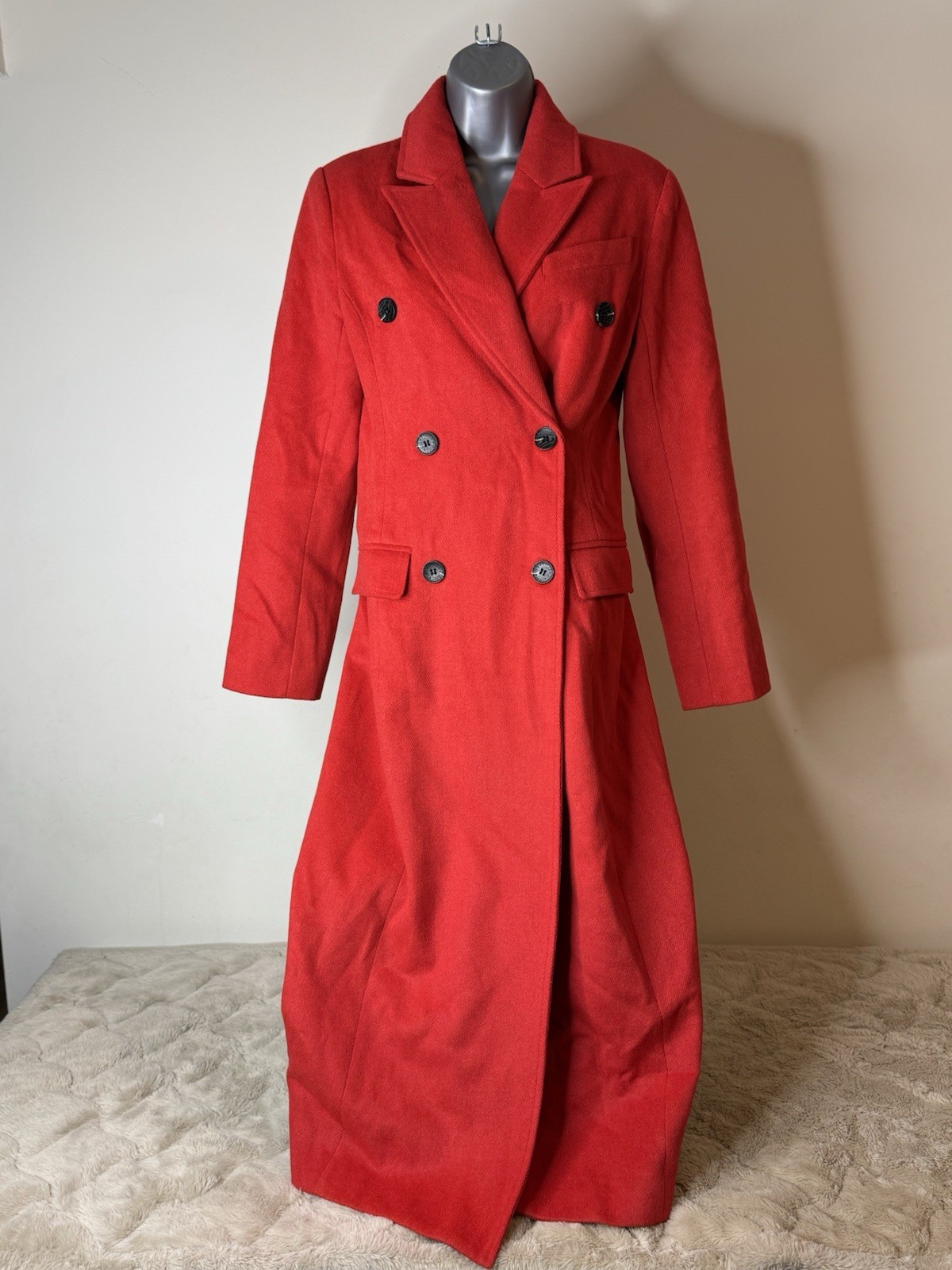 Avec Les Filles Red Double-Breasted Long Trench Coat, Size XS
