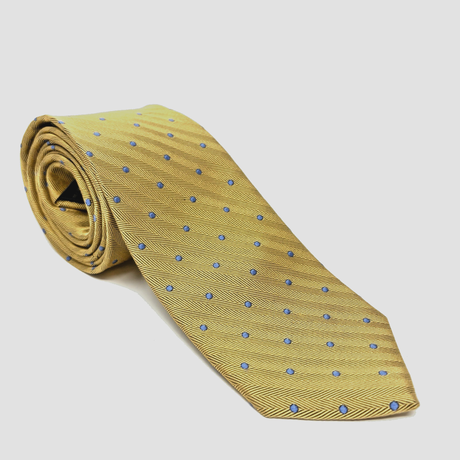 JOS A BANK Heritage Collection Mens Gold Blue Dots Silk Tie L 60 in W 3-1/8in