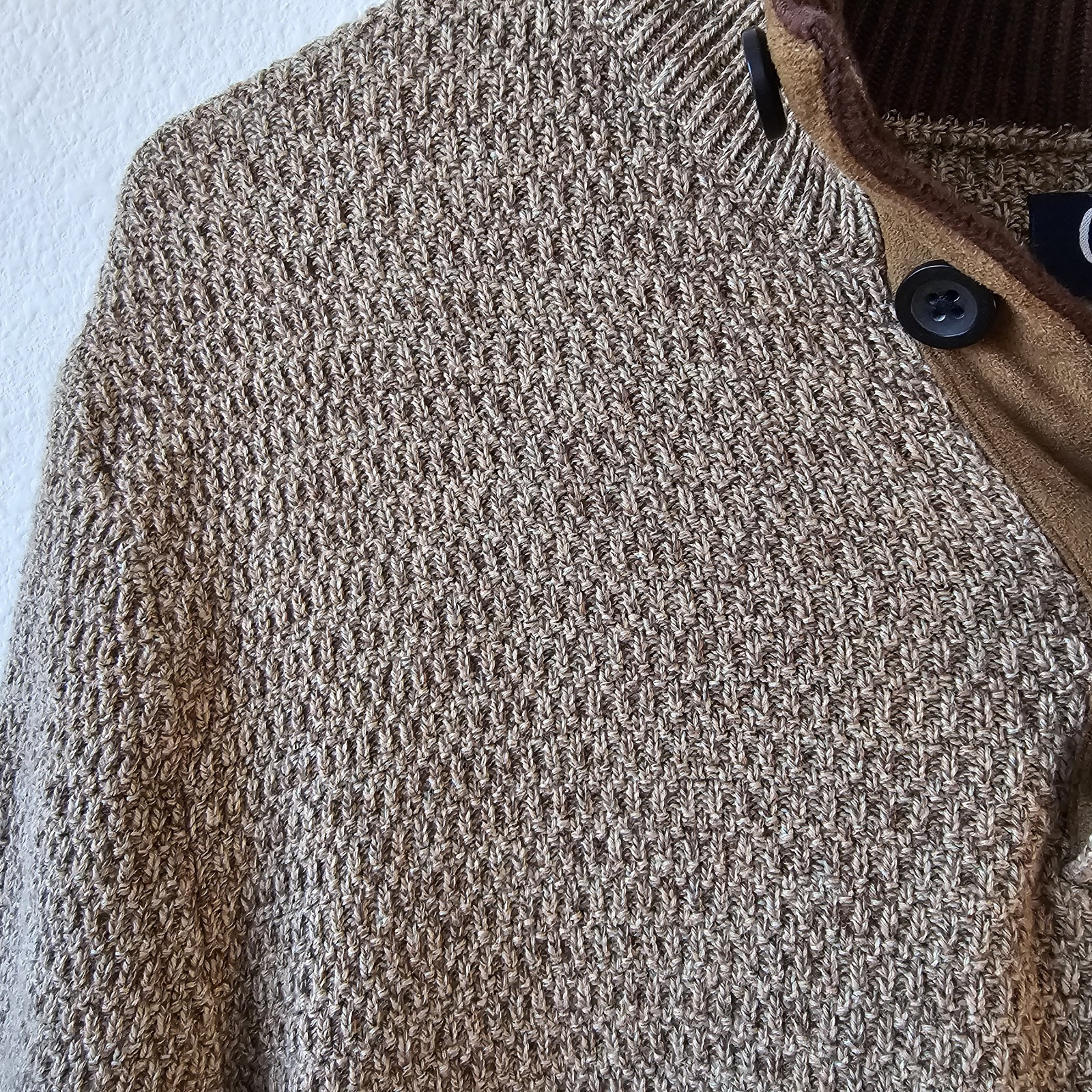 Chaps Mens Cardigan Sweater Cotton 3 Buttons Henley Elbow Pads Size Small Tan