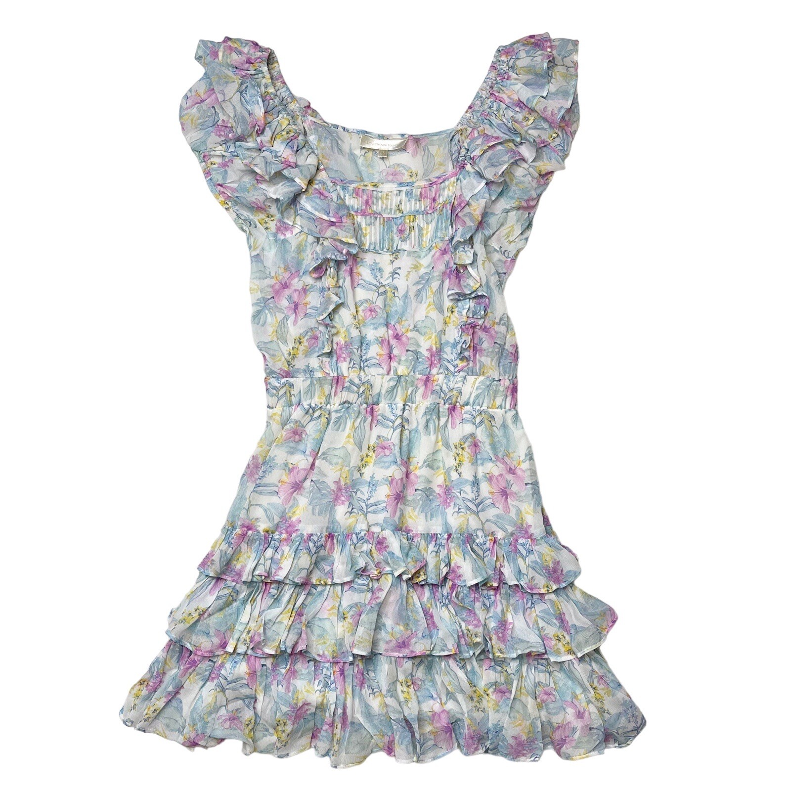 LOVESHACKFANCY Womens Dress Size XS Ivoire Floral Chiffon Mini white ruffle Blue