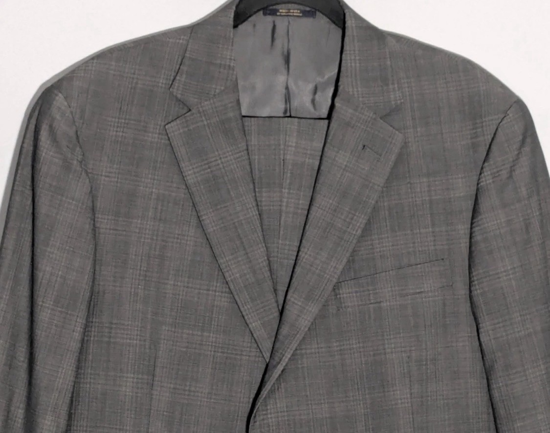 Hart Schaffner Marx Suit Mens 44L Gray Plaid 2 Button Wool Pleated Pants
