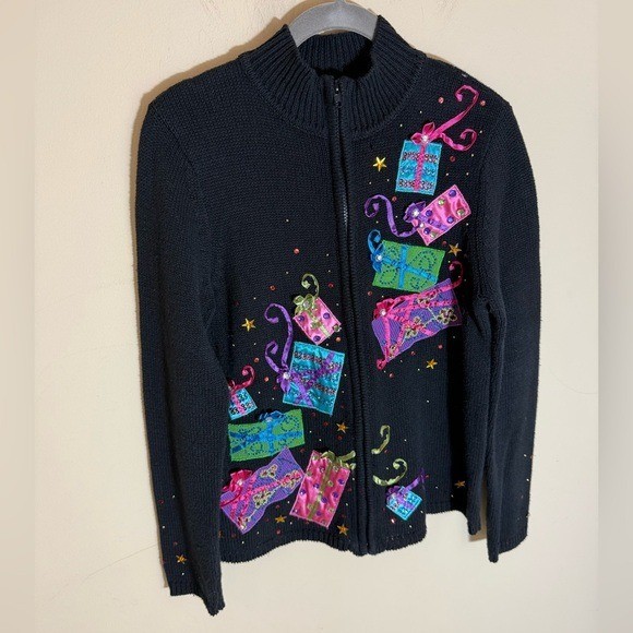 Karen Scott present gift mart Holiday Sweater Black Christmas full zip size S