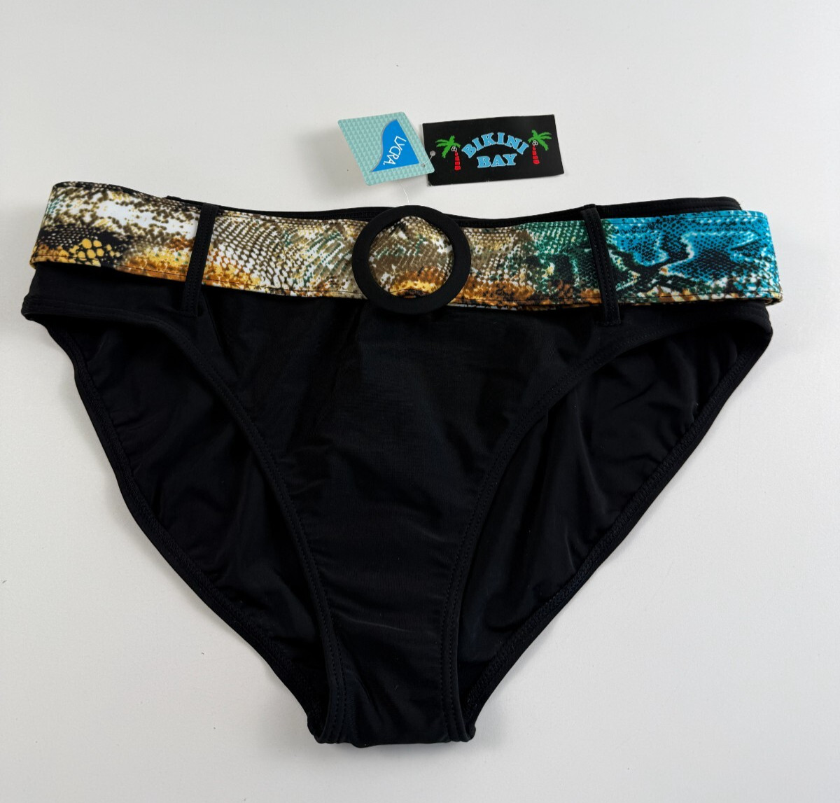 Bikini Bay Thick Belted Classic Hipster Bikini Bottom Black Size 16 NWT