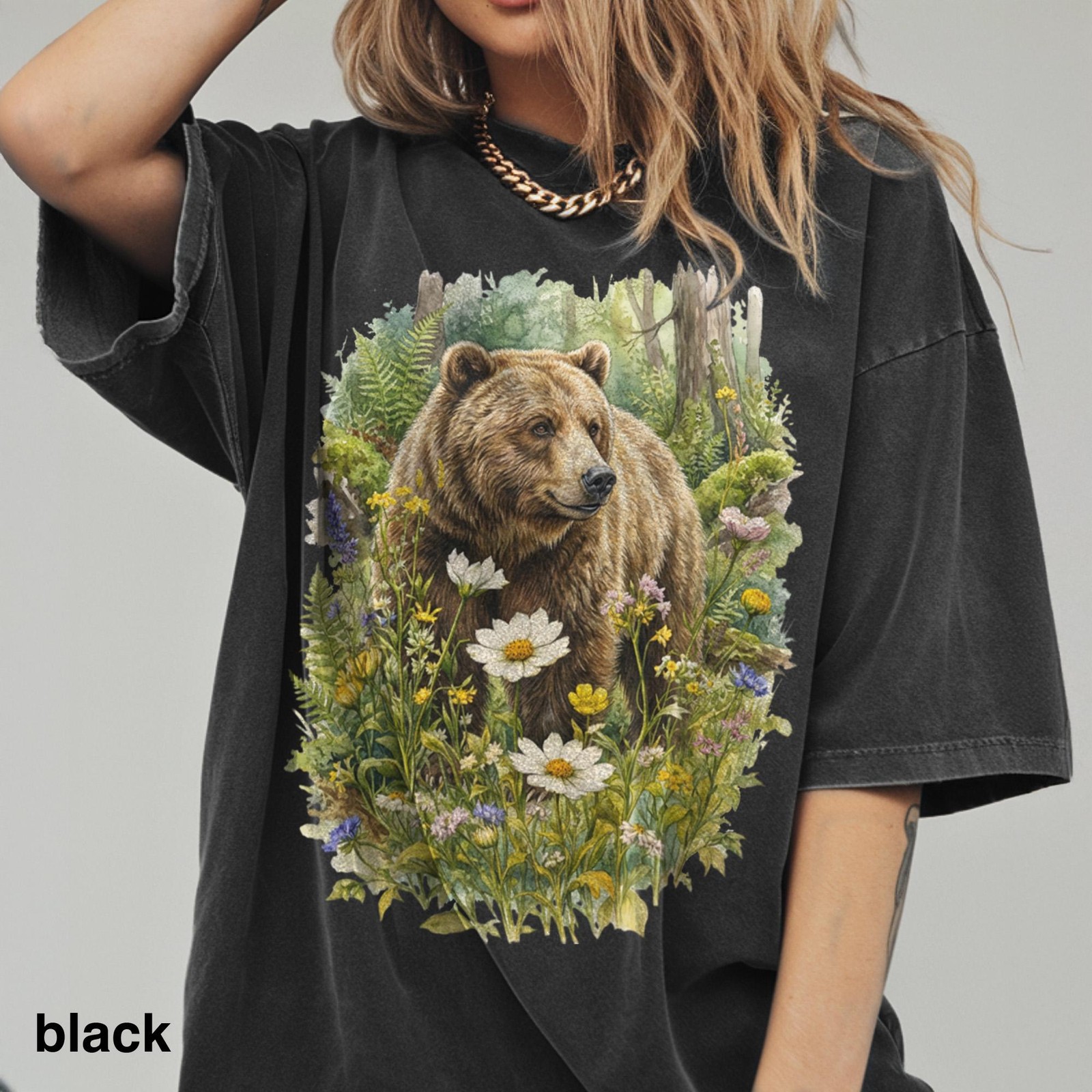 Vintage Floral Bear Graphic Tee Rustic Woodland Wildlife Shirt