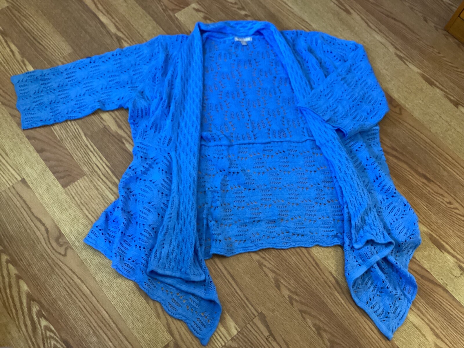 Woman Within Blue Open Weave 3/4 Sleeve Cascading Front Open Cardigan 26~28