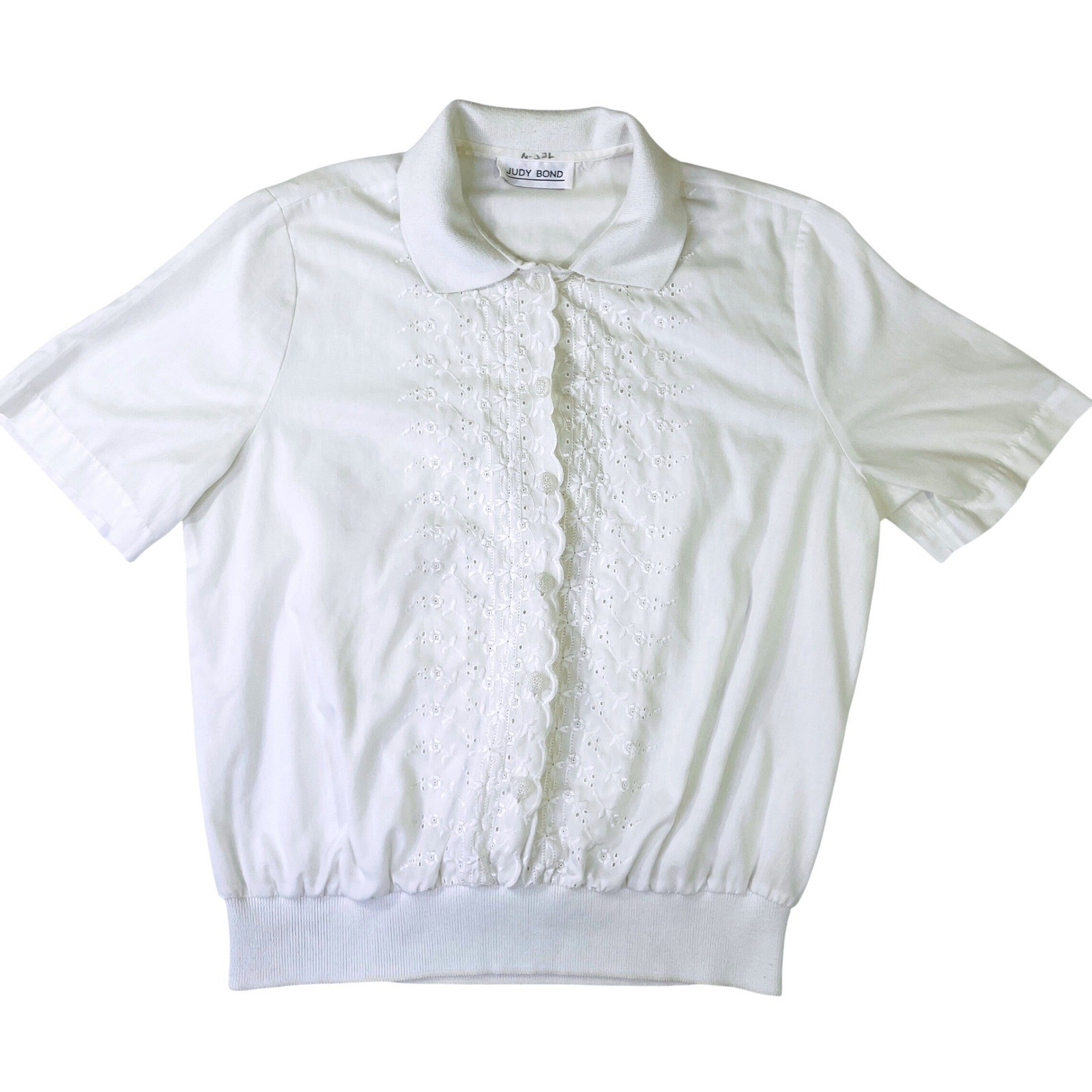 Judy Bond Vintage White Eyelet Embroidered Short Sleeve Blouson Blouse Top