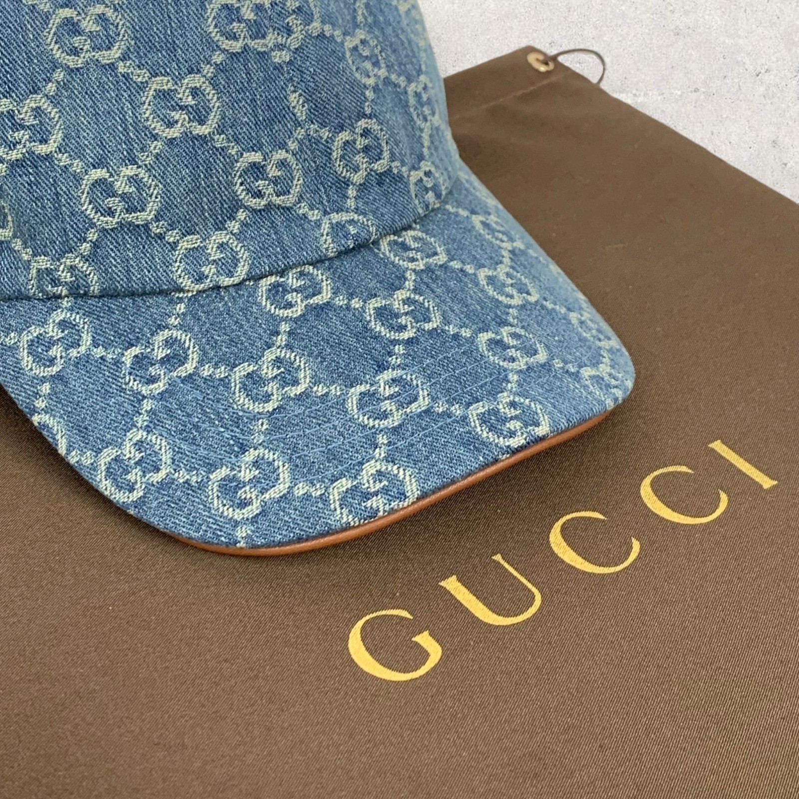 Gucci GG Monogram Logo Horsebit-Detailed Leather Denim Baseball Cap Blue Size M