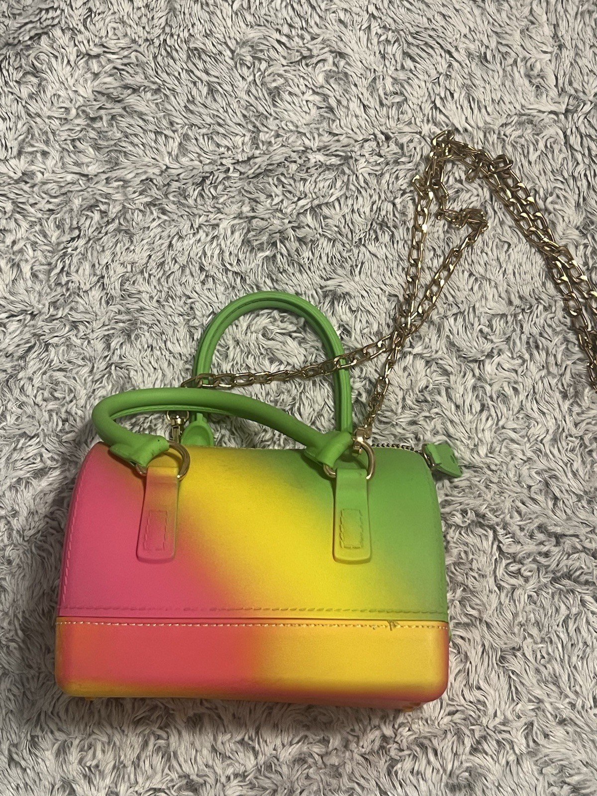 Rainbow Colorblock Small Satchel Top Handle Bag Zip Glitter Gold Chain Strap