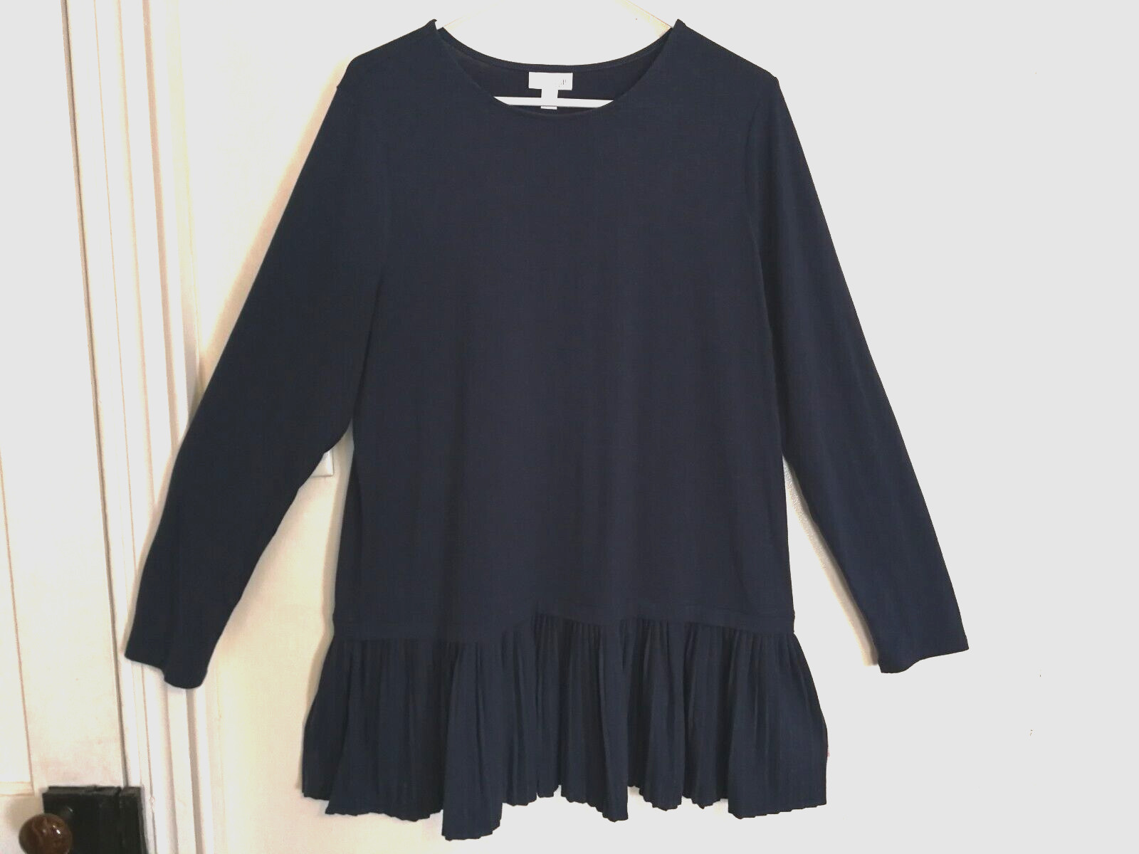 J Jill Womens Blouse L Dark Blue Tunic Ruffle Pleated Hem Dress Long Sleeve