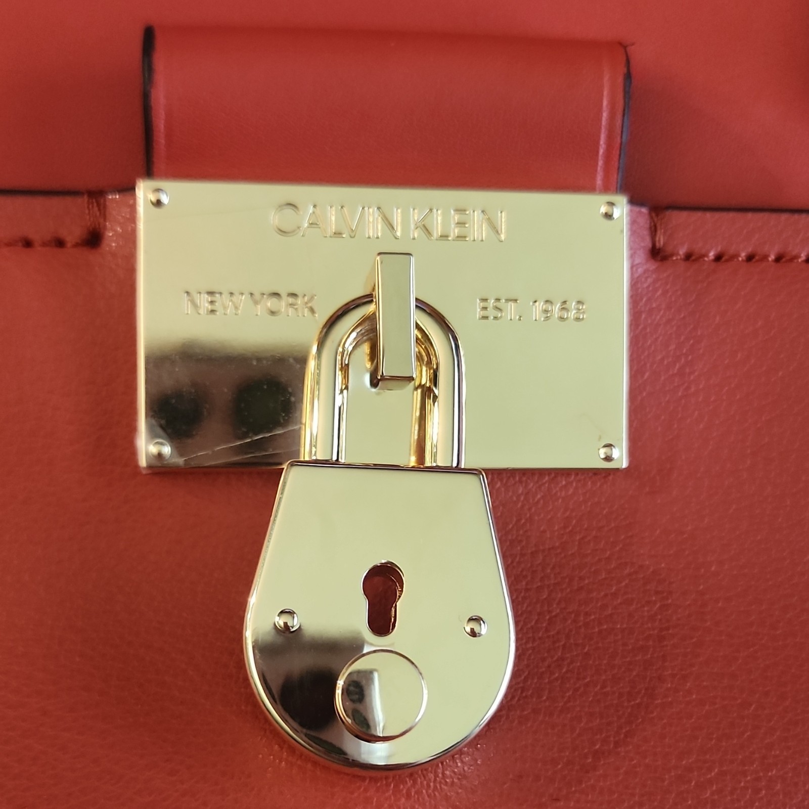 Calvin Klein Red Large Satchel Top Handle Bag Gold Hardware Turn Lock
