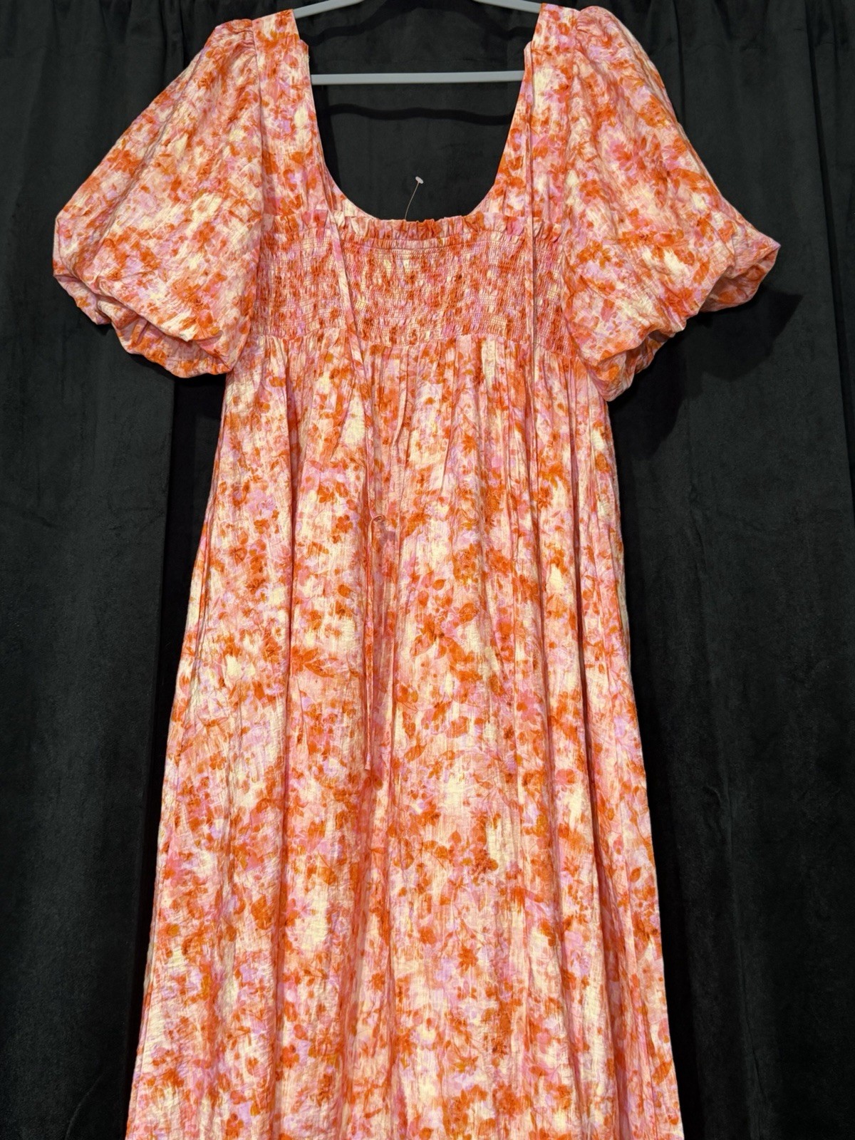 Anthropologie Orange Pink Floral Puff Sleeve Midi Dress Women’s Medium NWOT