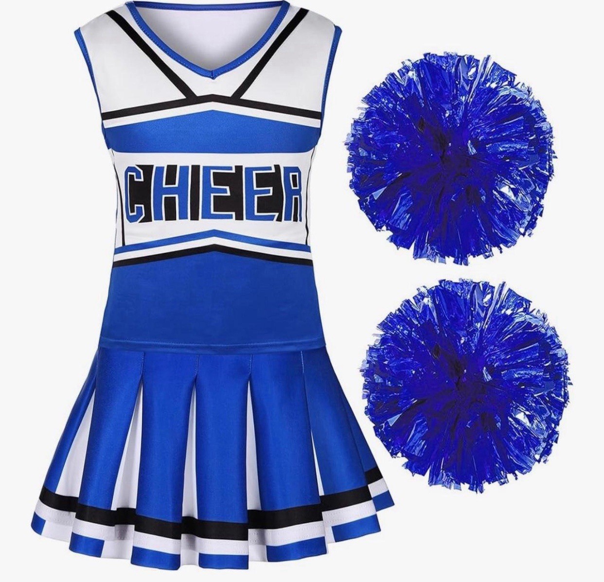 Girls Kids Dress Up Cheer Leader With Pom Poms Costume