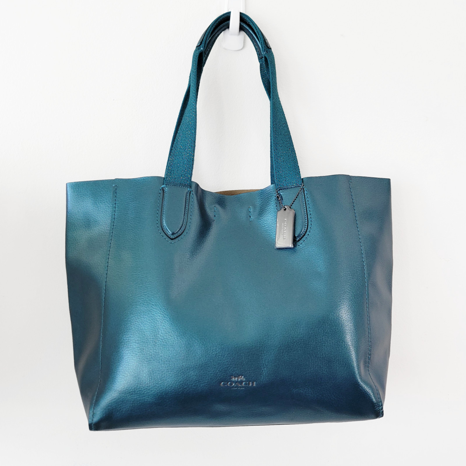 Coach Metallic LARGE DERBY Tote Bag Dark Teal Green Leather F59388 NEW msrp $350