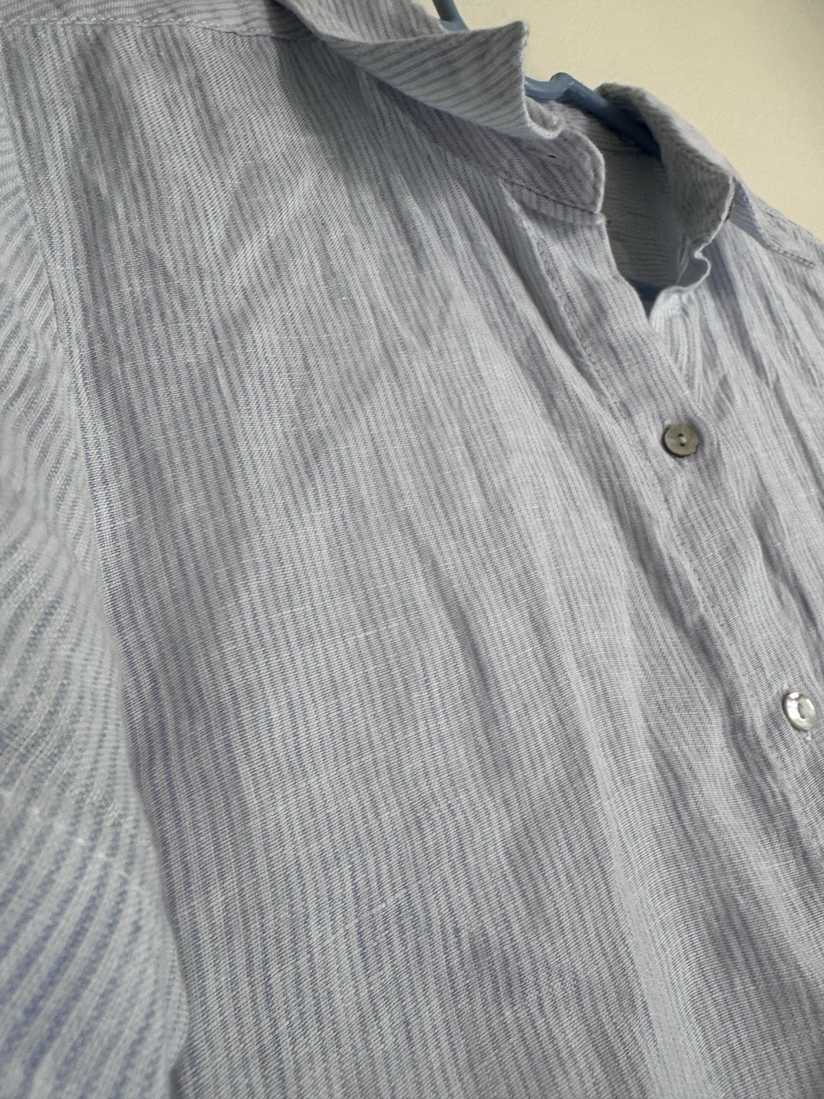 Tahari XS 100% Linen Striped Button Front Collared Shirt Dress Blue White