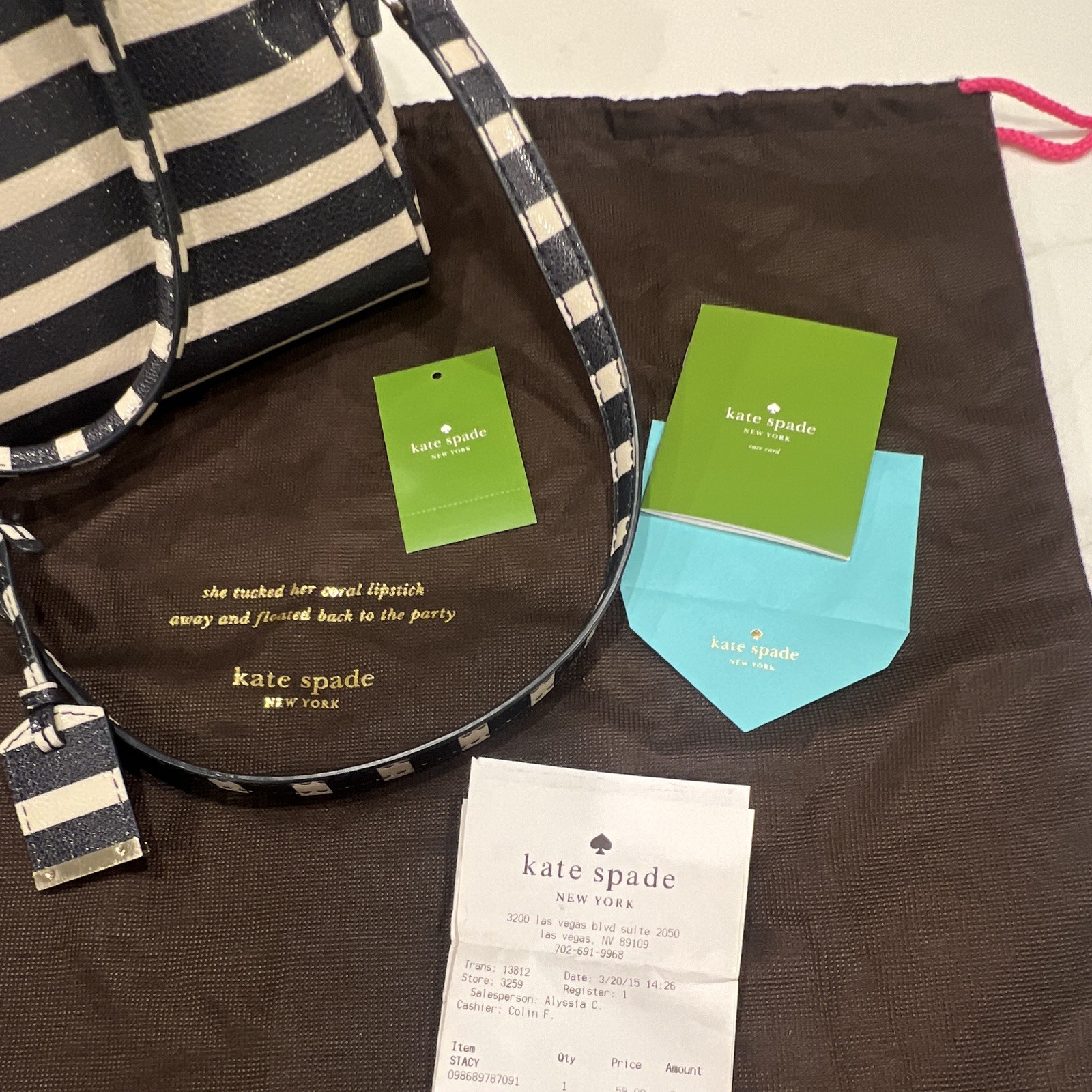 kate spade new york Black/Pebble Striped Satchel Zip, Detachable Strap, Dust Bag