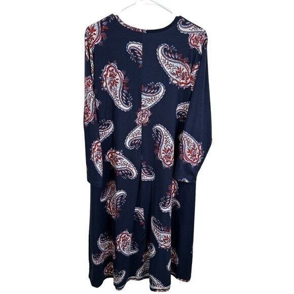 Navy Blue Paisley Long Sleeve Crew Neck Shift Dress Red White Print