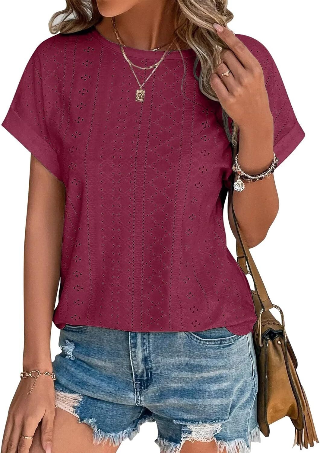 Womens Eyelet Embroidery Top Short Sleeve Curved Hem Loose Fit Summer T Shirt