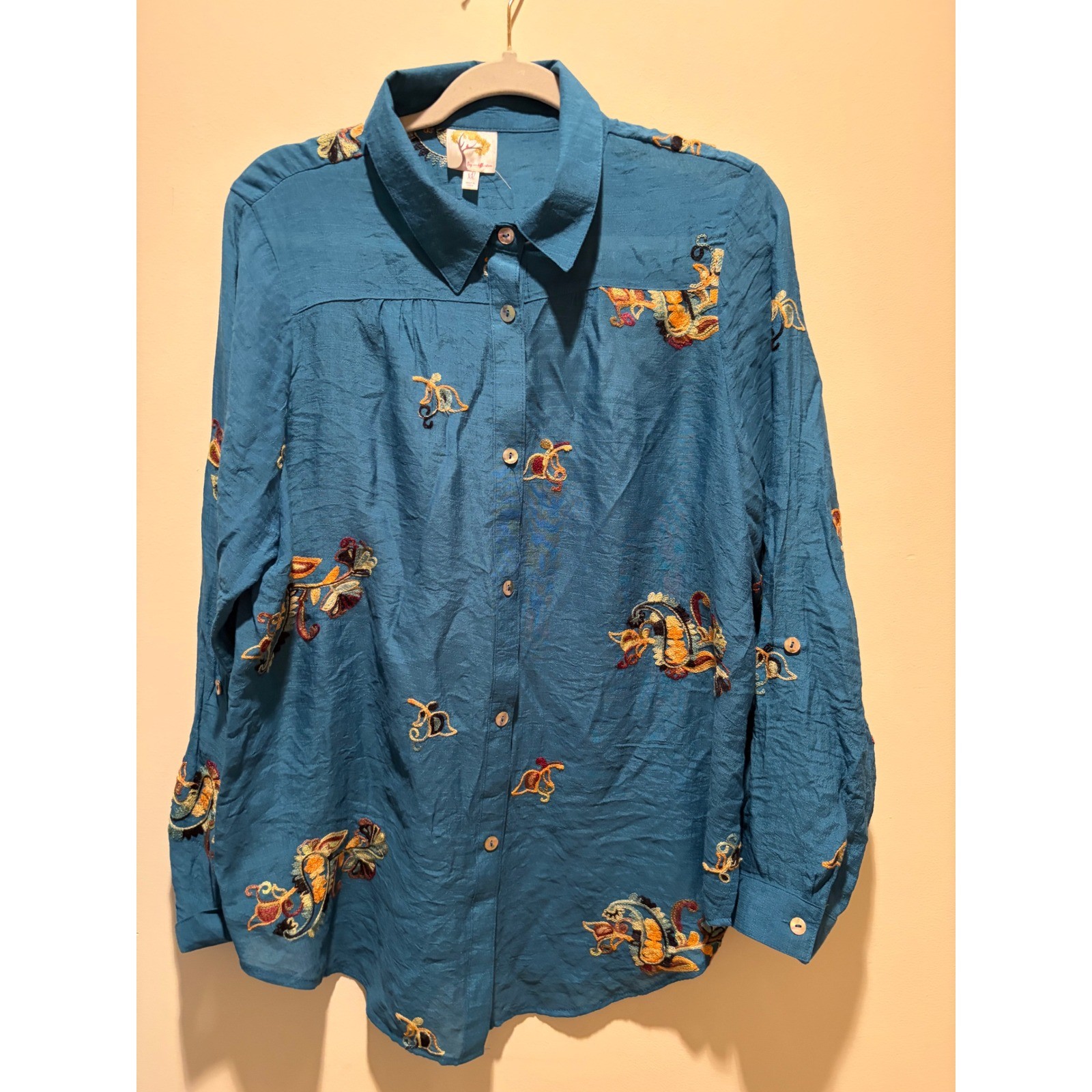 Fig and Flower Womens XL Teal Blue Embroidered Button Down Shirt Floral Boho Top