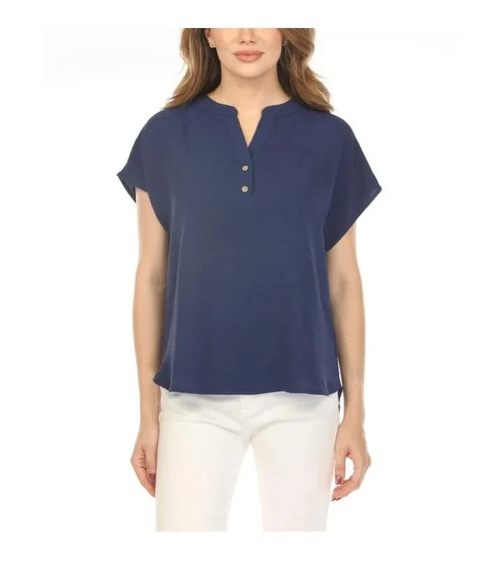 Wrapper Women’s Split Neck Short Sleeve Blouse, Navy, Size L