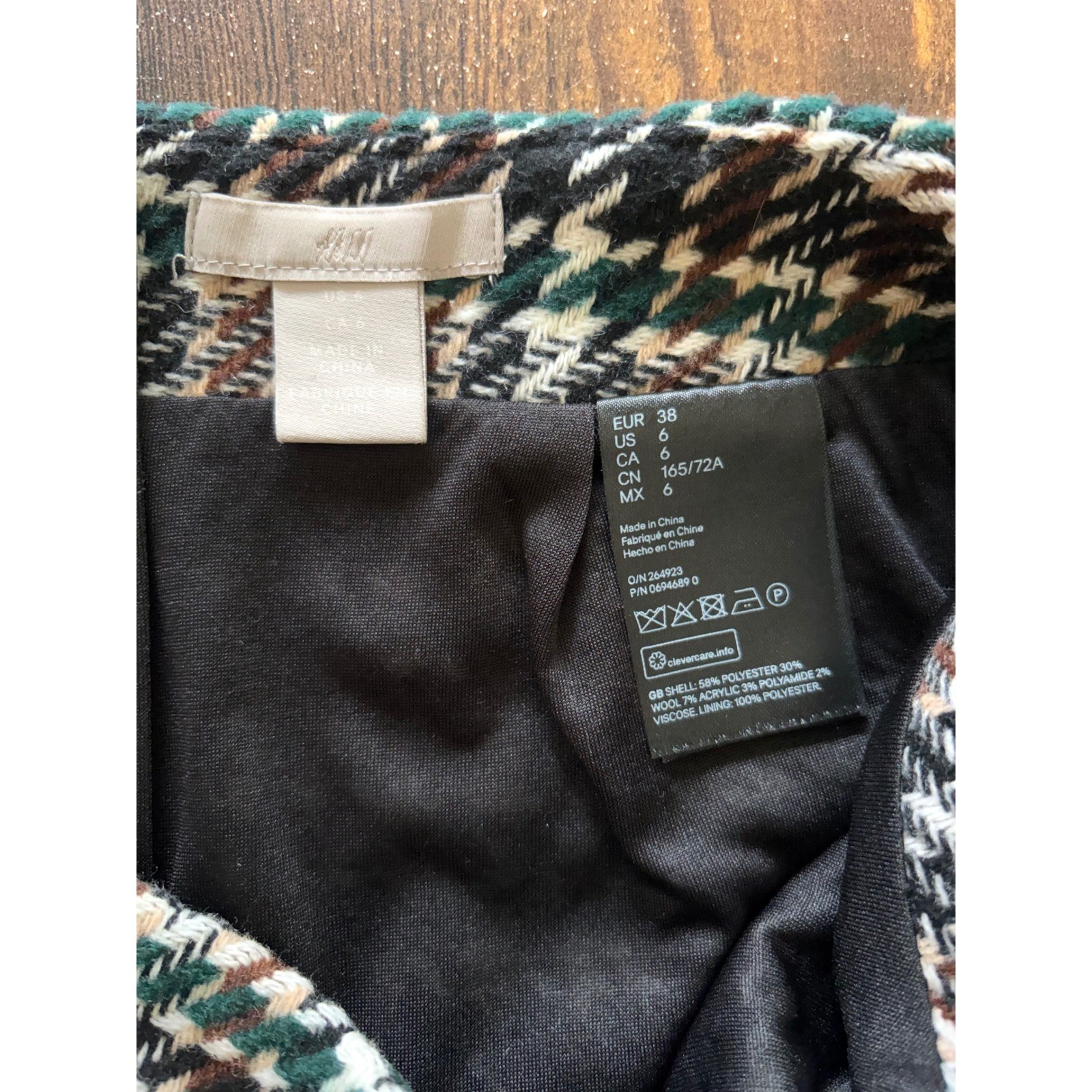 HM Green Brown Houndstooth Wool Blend Mini Skirt Size 6 Plaid Gold Zipper Mini
