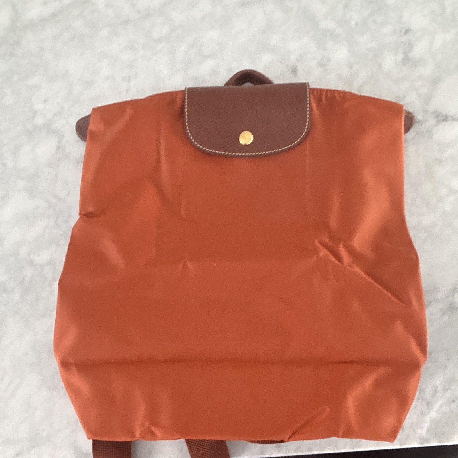 Longchamp Orange Backpack Brown Leather Straps Snap Closure Gold Hardware