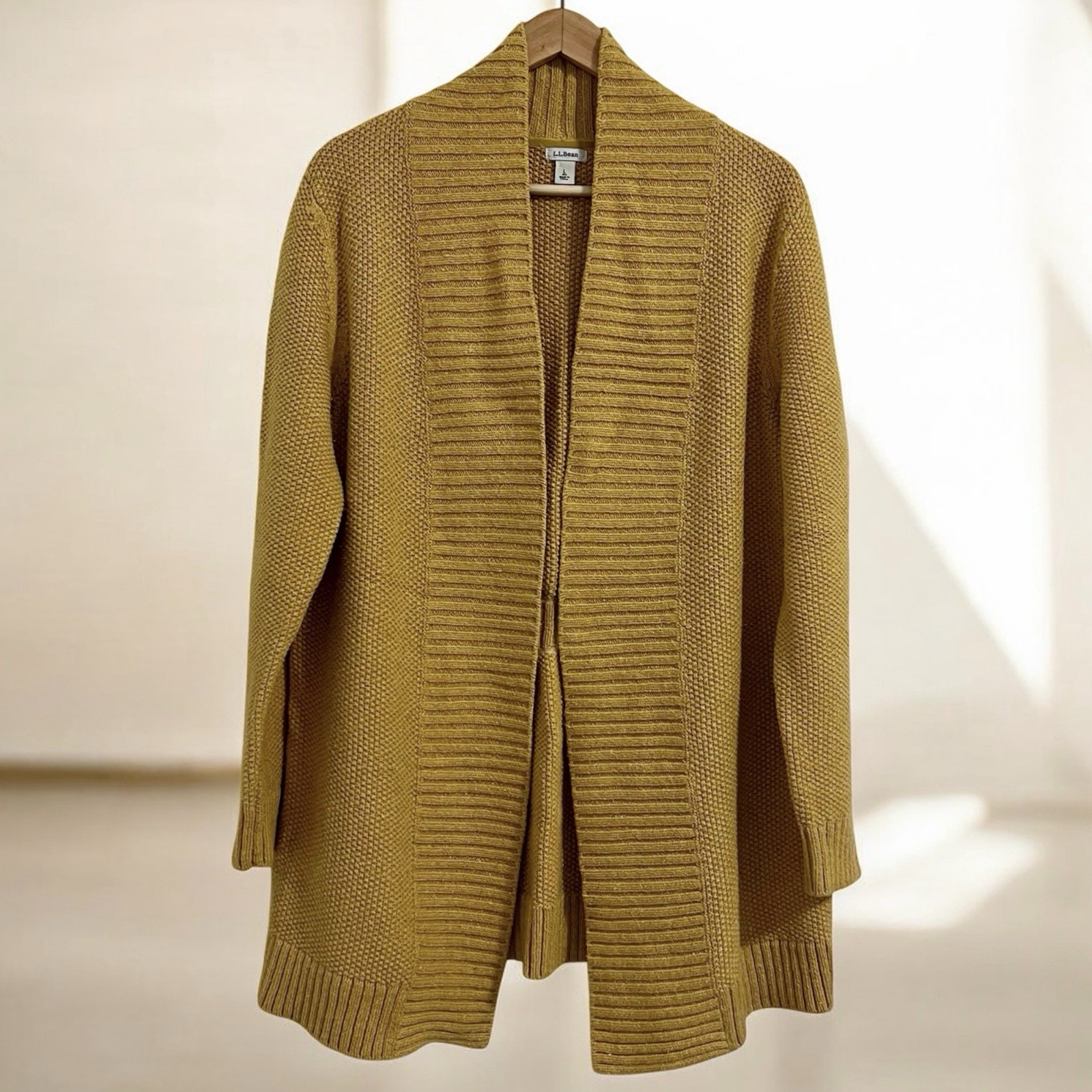 LL Bean Open Cardigan Shawl Collar Textured Chunky Knit Women’s Size Large