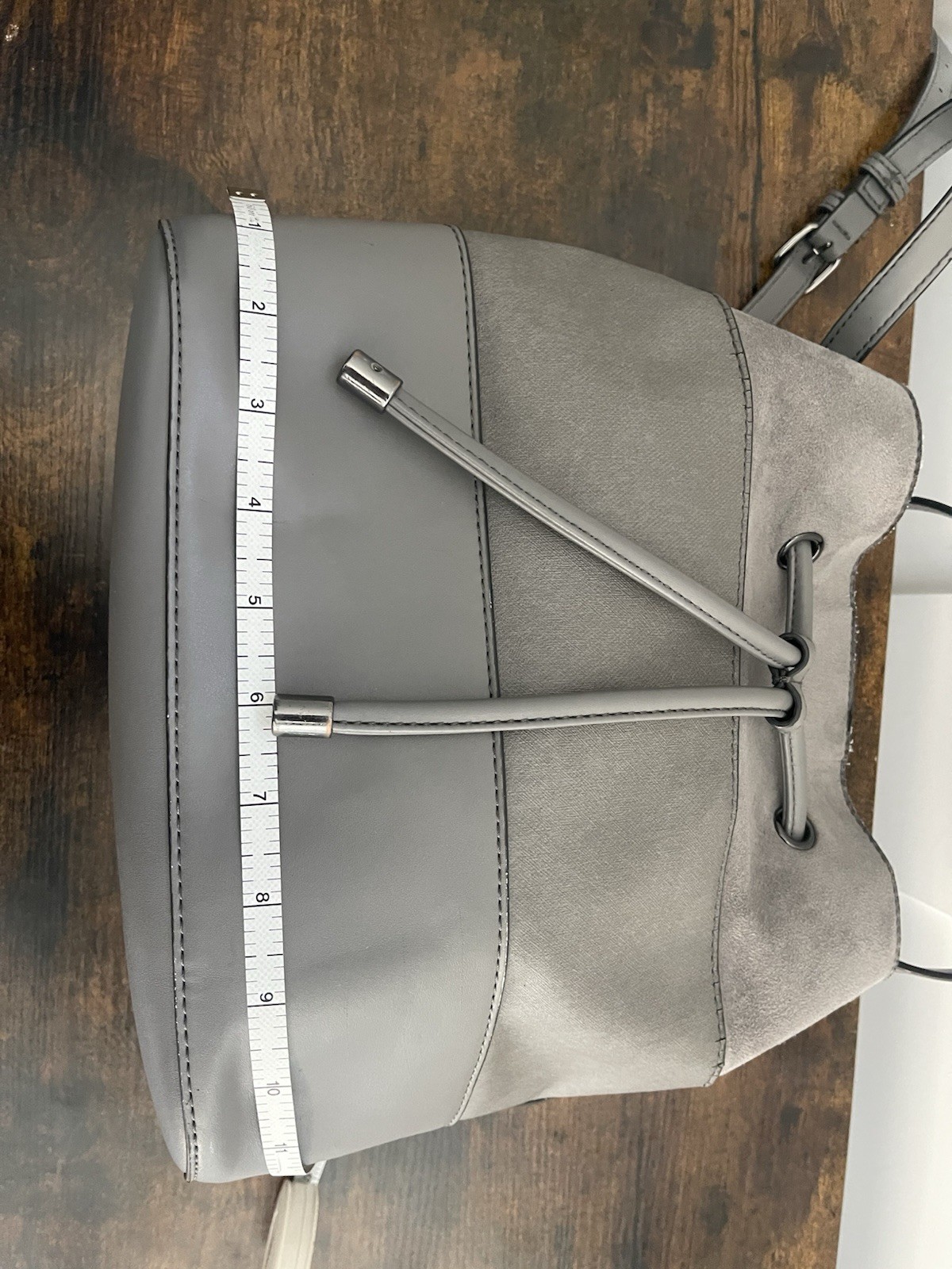 Calvin Klein Gray Drawstring Bucket Crossbody Bag Adjustable Strap Silver Logo