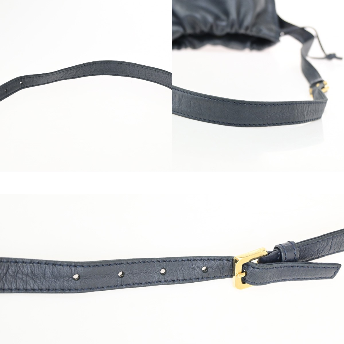 LOEWE Logo Drawstring Anagram Shoulder Bag Leather Navy Blue GHW Spain 83KD267