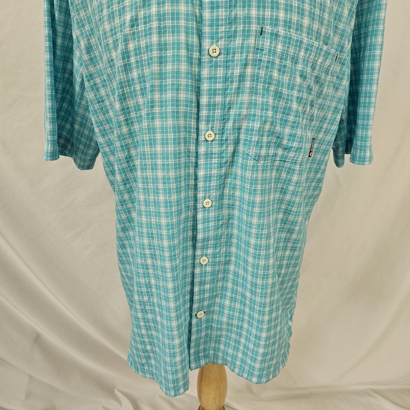 Simms Nylon Poly Seersucker Fishing Shirt Men’s Aqua Blue Plaid Lightweight XL