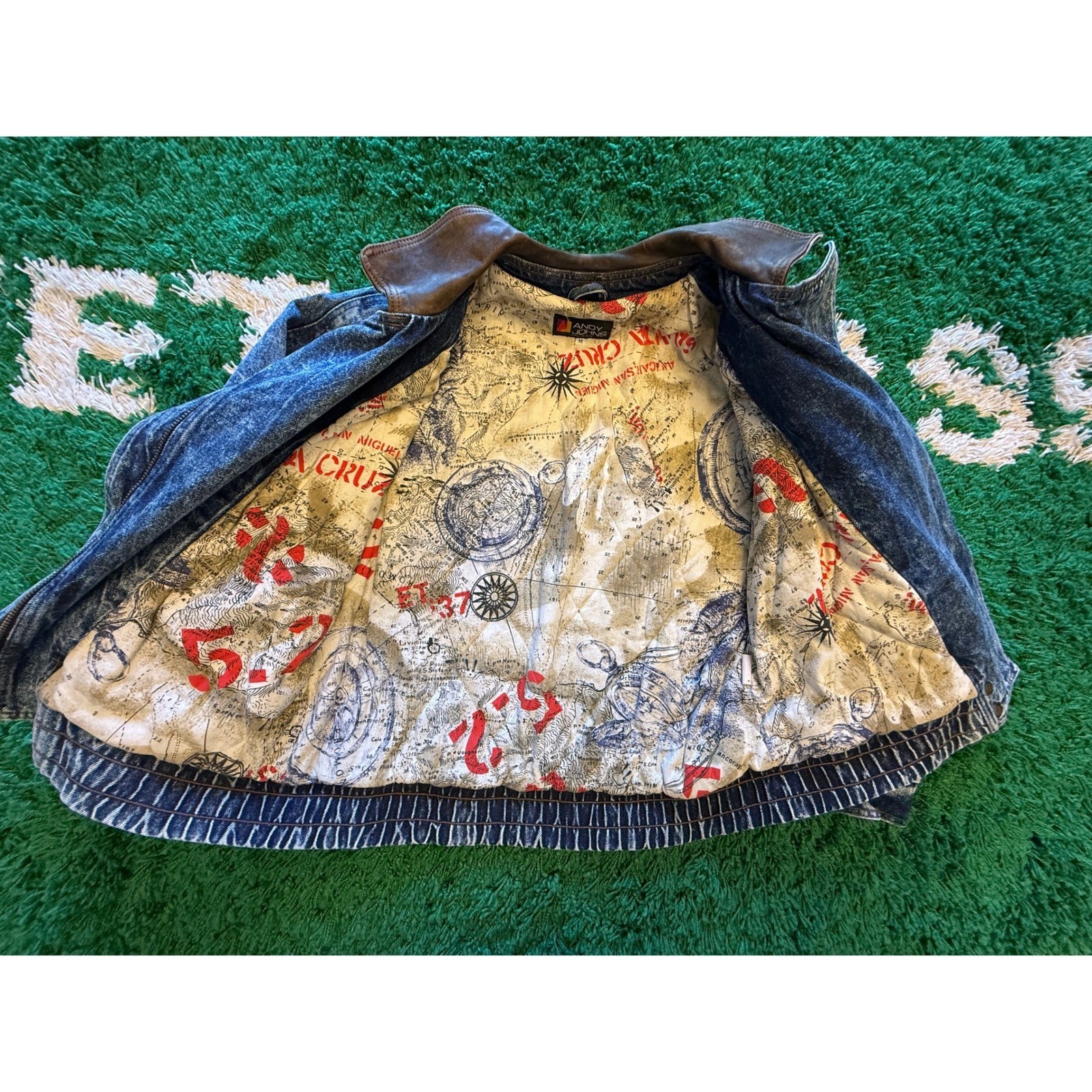 Andy Johns Denim Bomber Jacket Mens M Blue Excellent Acid Wash Leather Trim 80s