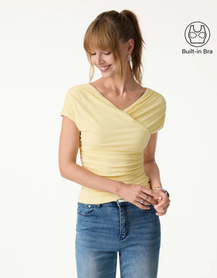Oglmove SkinKiss Surplice V-Neck Ruching Bra Top, Butter Yellow Color, New