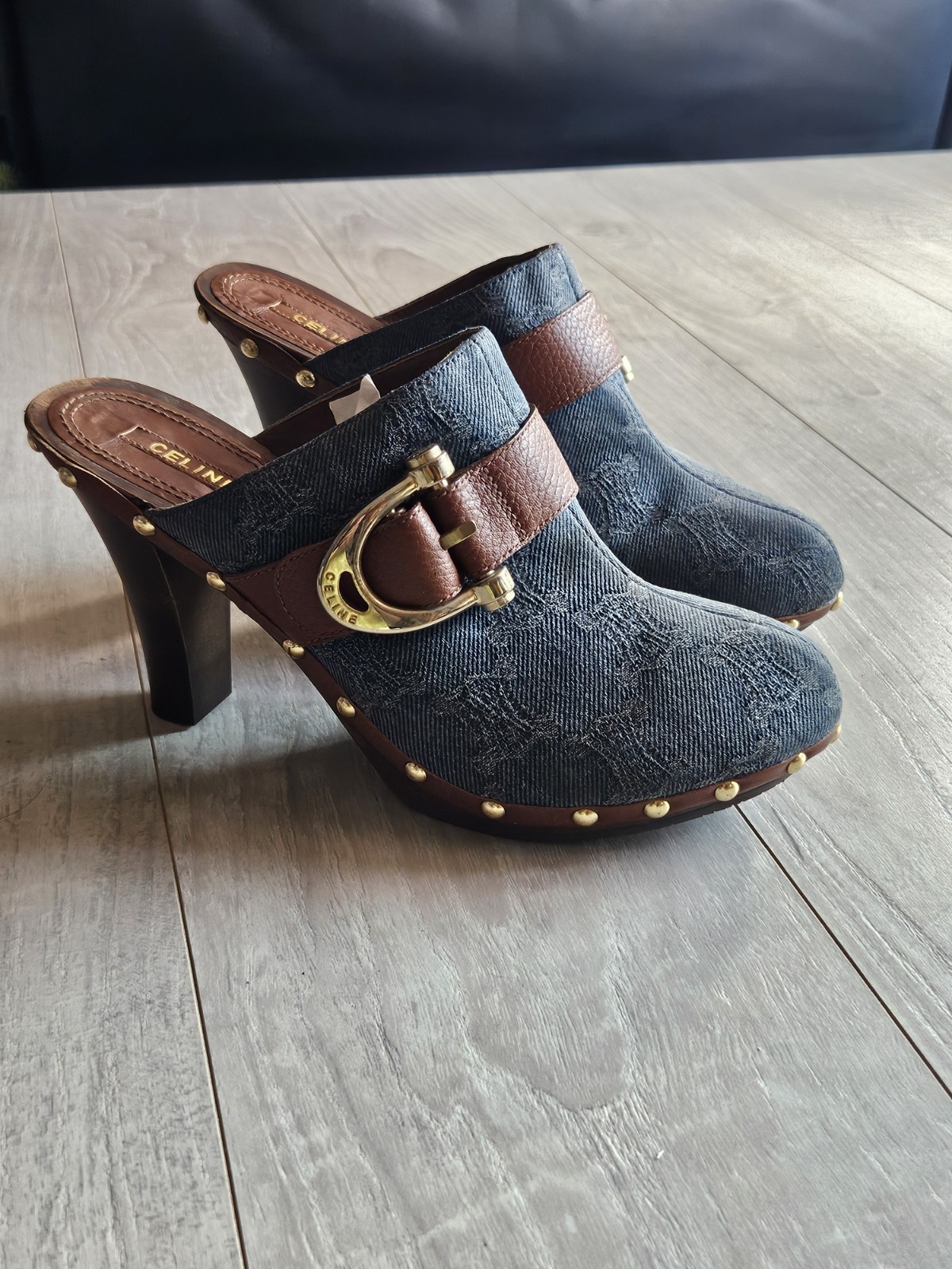 💥Celine Macadam Shoes Sandals Sabot Indigo Brown Size 38