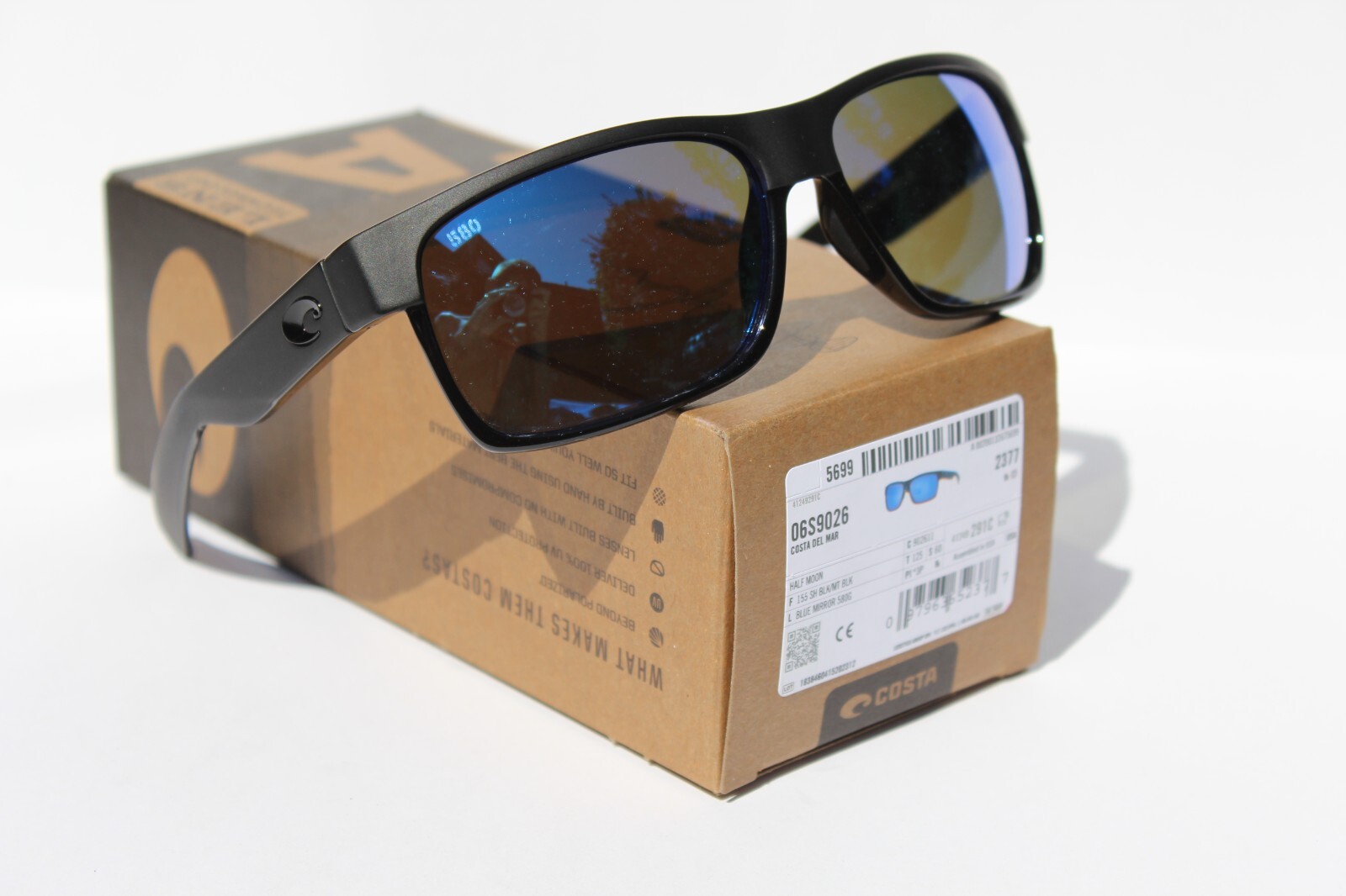 COSTA DEL MAR Half Moon 580G POLARIZED Sunglasses Black/Blue Mirror 580 NEW