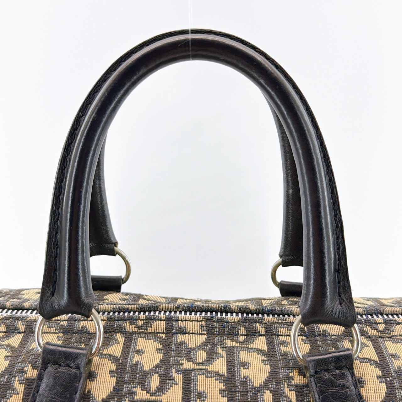 Auth Christian Dior Trotter Pattern Canvas Beige Navy Boston Bag 303Q1