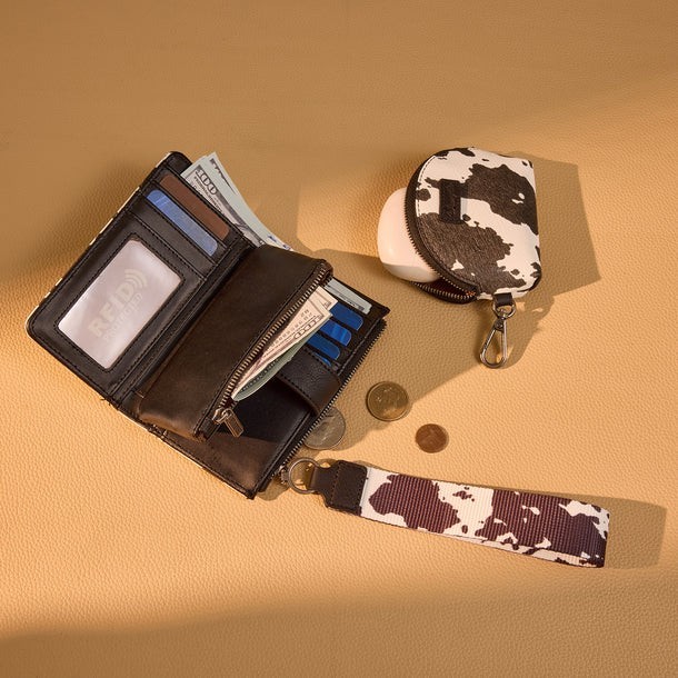 Wrangler Cow Print Wallet & Coin Pouch Wristlet Set