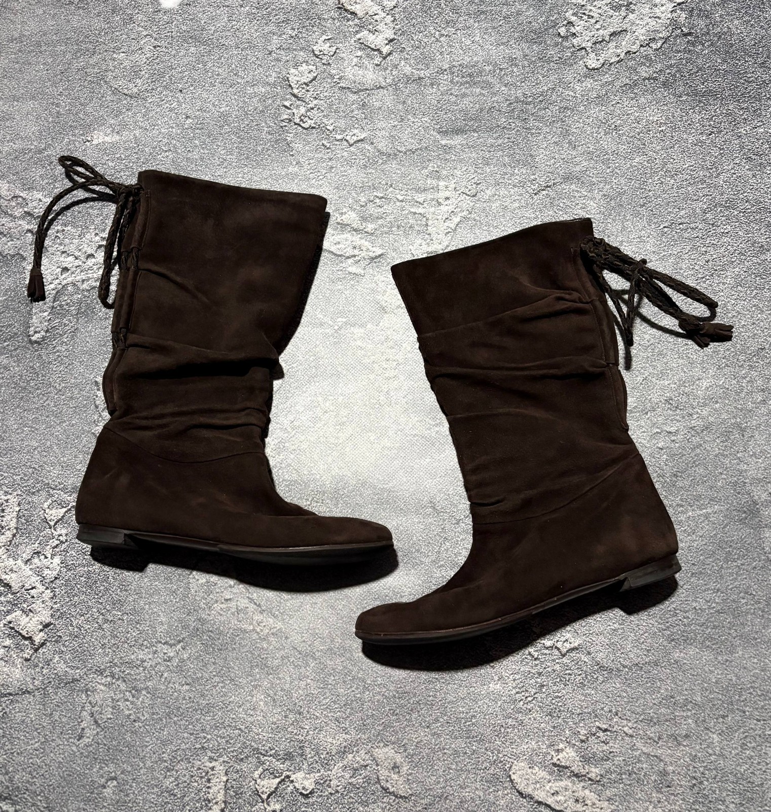 Vintage Yves Saint Laurent Suede Slouchy Boots Brown Flat Tassel YSL Rive Gauche