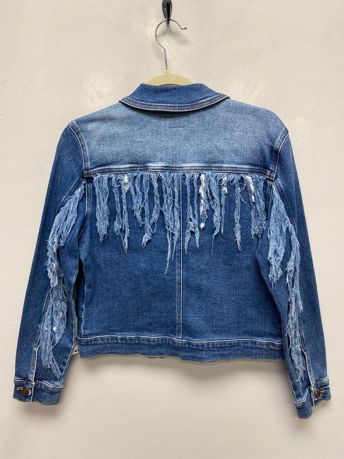 Judy Blue Womens Dark Blue Distressed Fringe Back Denim Marcia Trucker Jacket S