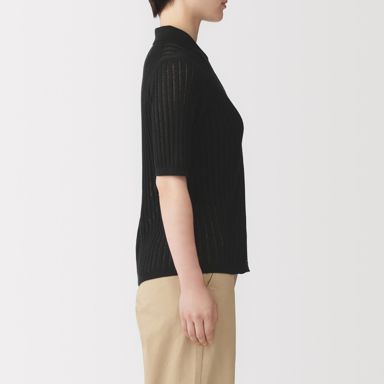 MUJI Smooth Ribbed See-through 1/2 Sleeve Polo Cardigan Smoky Blue FedEx