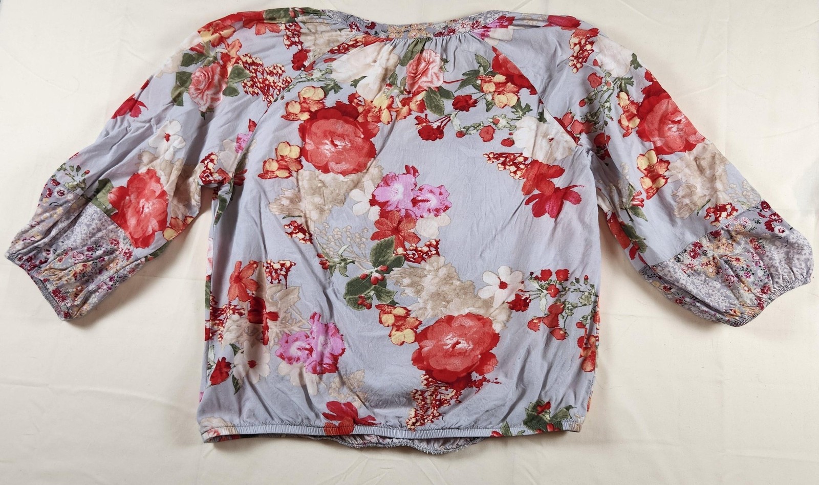 Fig and Flower Blouse Womens Medium Blue Red Floral Peasant Boho Top Rayon