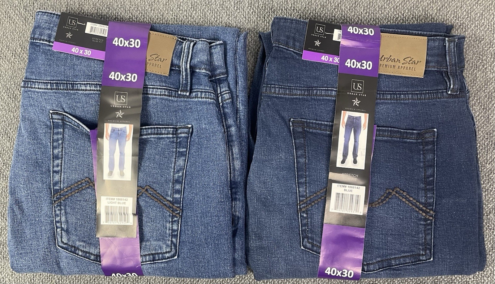 Urban Star Men’s Lot of 2 Stretch Light Blue & Blue Jeans Size 40×30 NWT