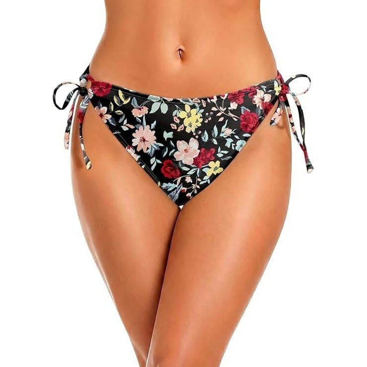 ZMART Womens Floral Side Tie Bikini Bottom Black Multi Color Mid Rise Size Large