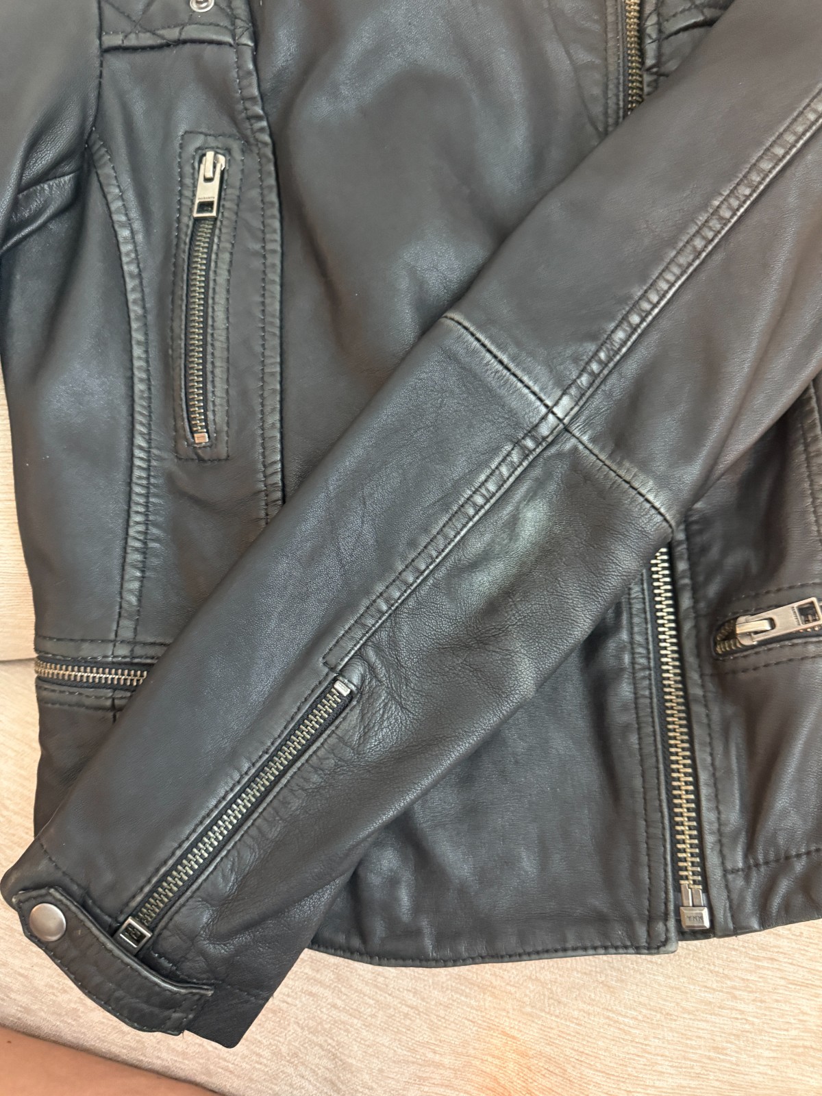 AllSaints Cargo Biker Black Leather Moto Jacket Women US 0 Distressed