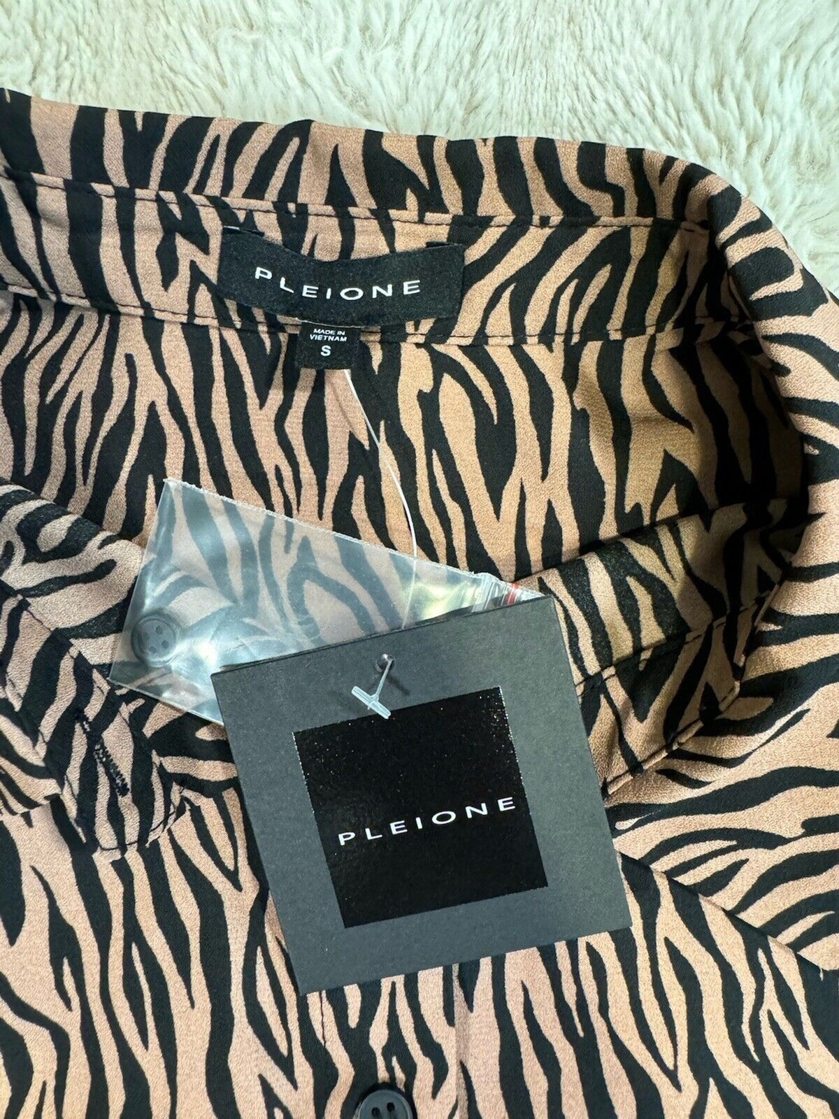 Pleione Zebra Print Button Up Blouse Women Small Roll Tab Long Sleeve NWT