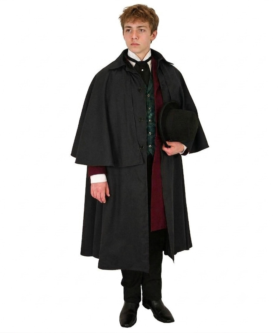 Victorian Inverness Cape Coat Men Black Wool Sherlock Holmes Gothic Cloak