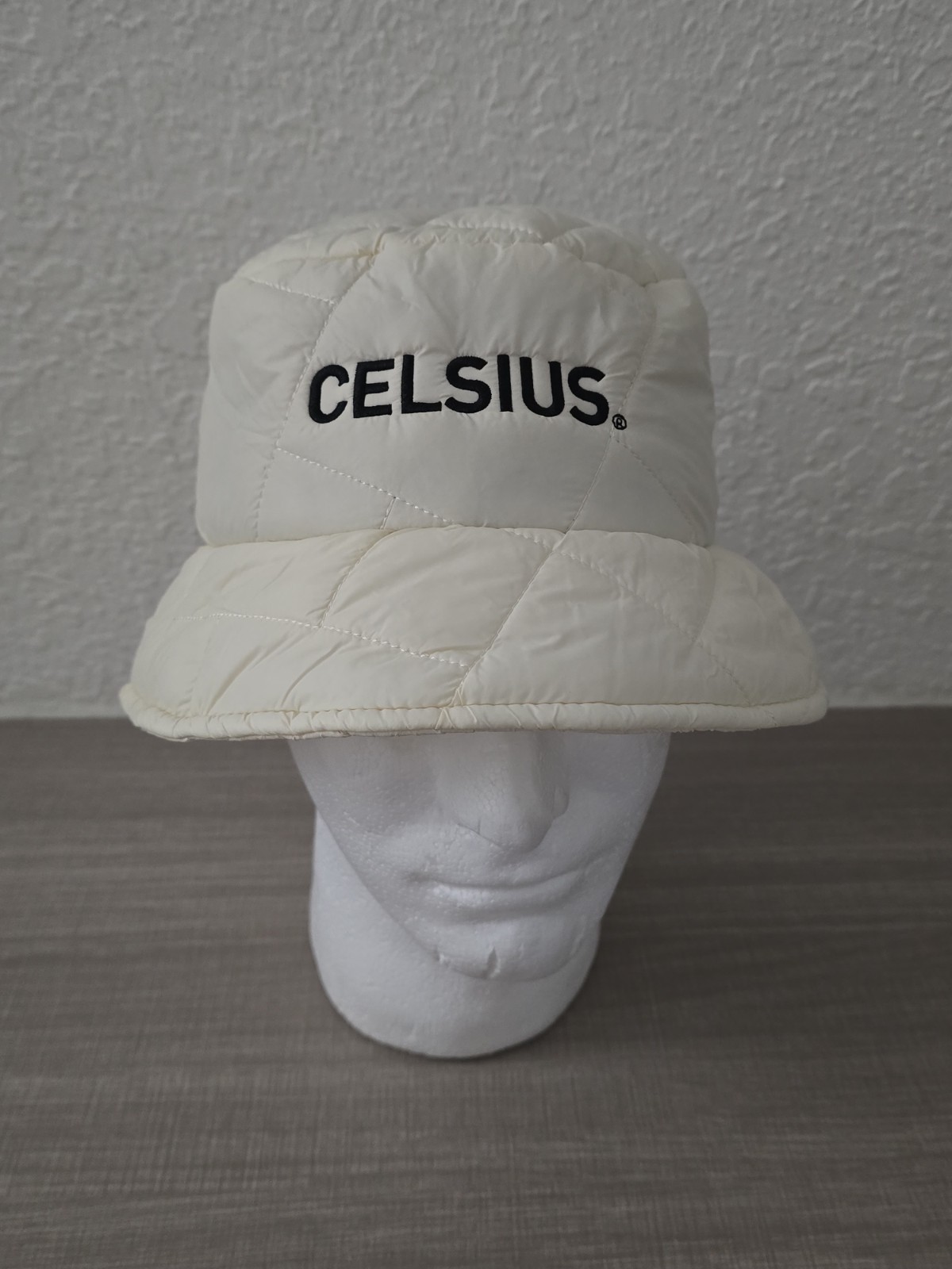 CELSIUS Essential Energy Drink Quilted Puffer Bucket Hat White Cream Solost