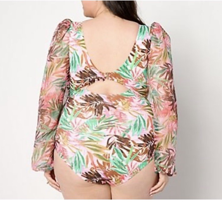 Kim Gravel x Swimsuits For All Size 22W Chiffon Sleeve One-Piece Daquiri Palm