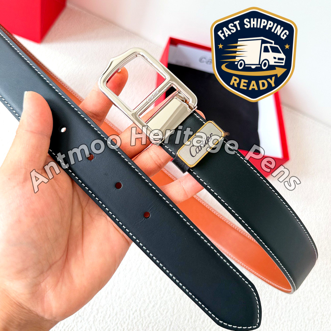 CARTIER C de Cartier Leather Belt Black Brown Reversible Silver Buckle