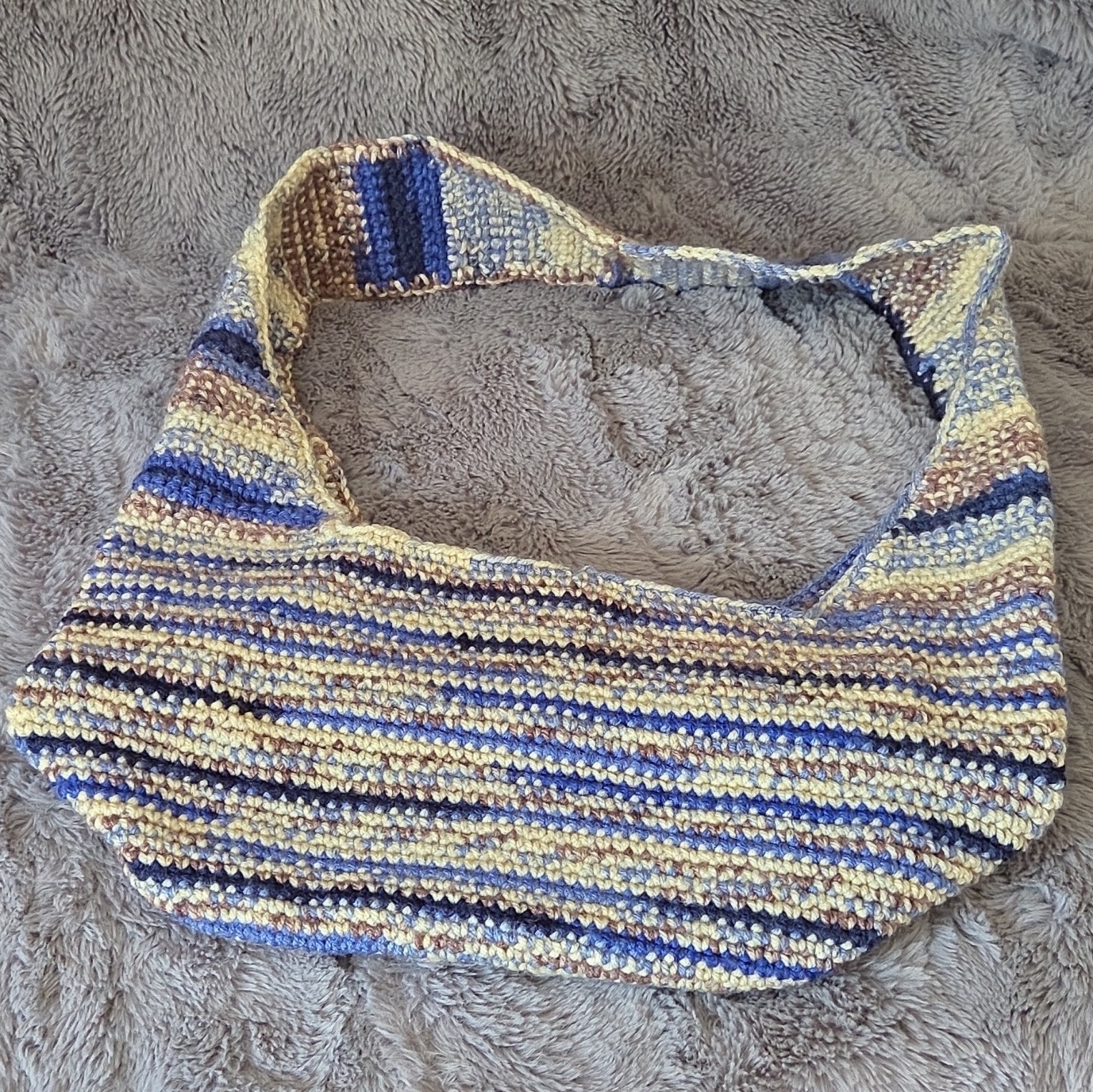 Womens Handmade Striped Shoulder Bag Blue Beige Button Closure Button Accent