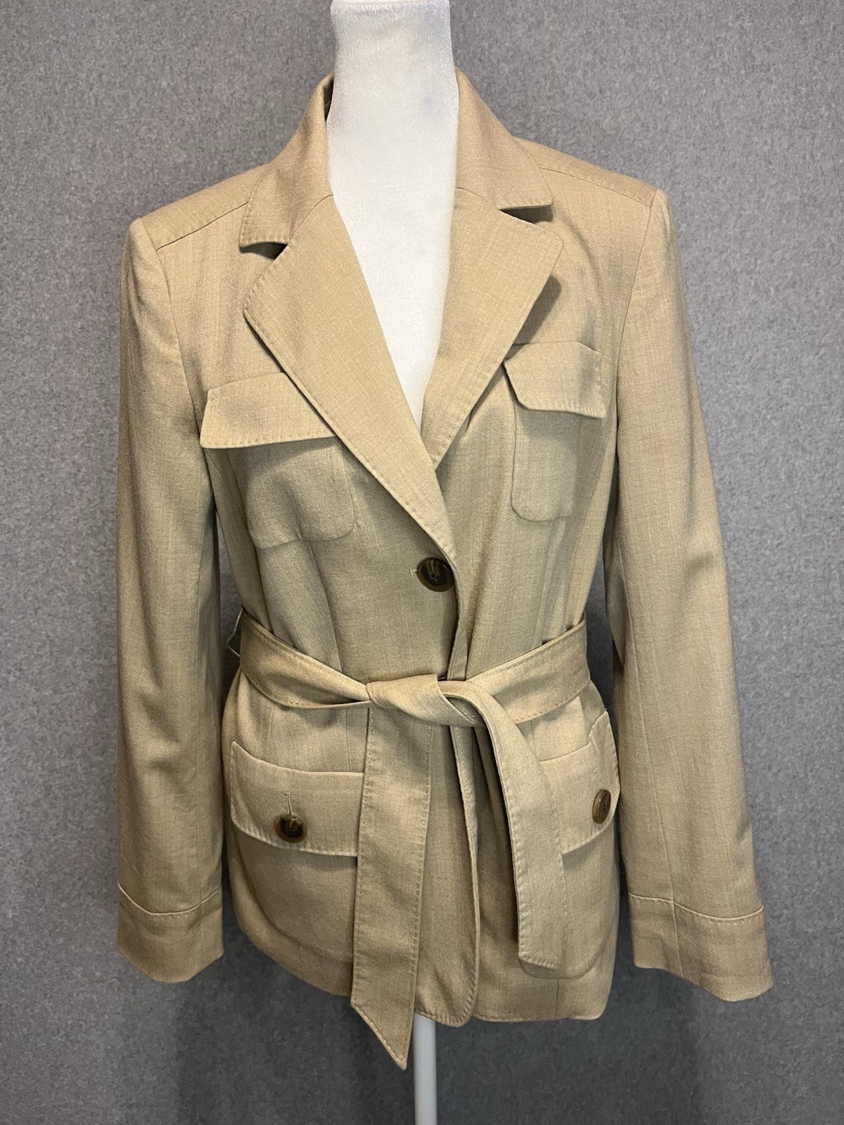 Vintage Talbots Wool Utility Jacket Safari Belted Womens Sz 6 Tan Flap Pockets