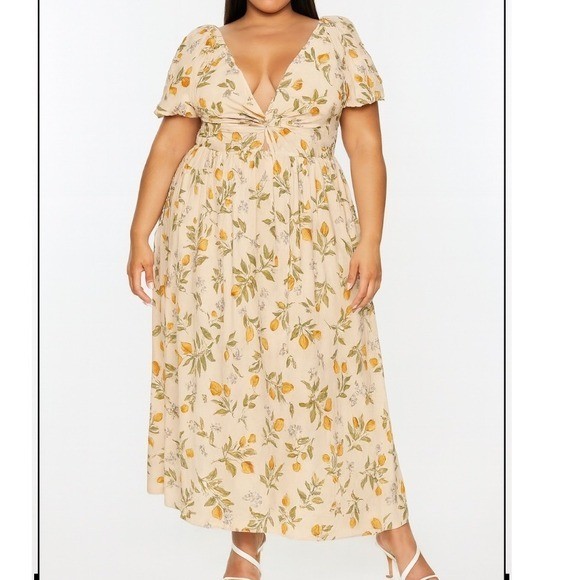 Lea Lemon Print Maxi Dress Twist Front Puff Sleeve Flowy Yellow Blue Cottagecore